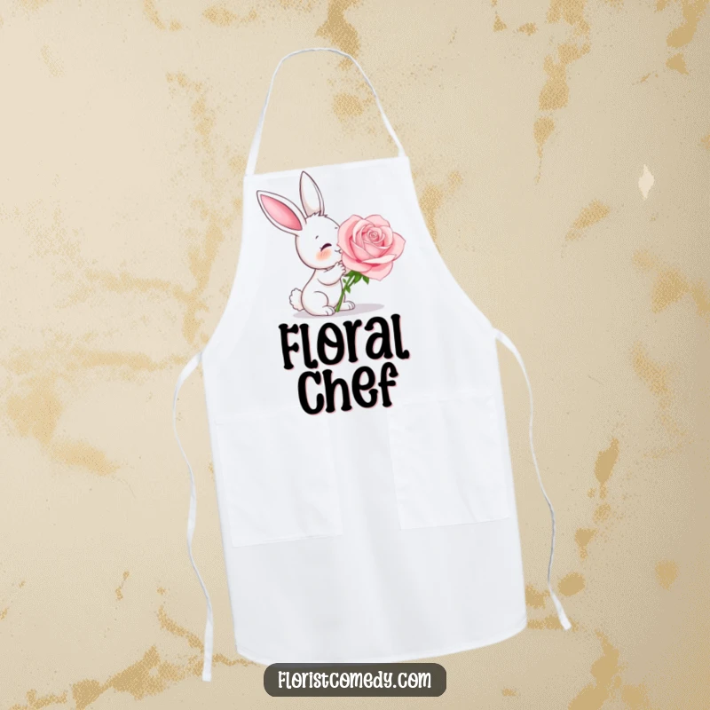 Funny curious bunny smelling a fragrant rose, a humorous apron for kitchen or garden activities, great gift.