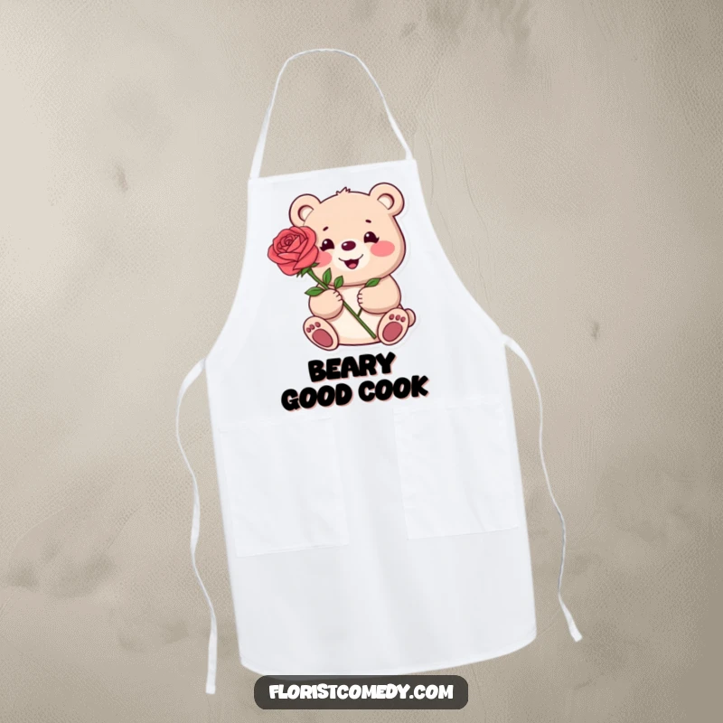 Funny apron showcasing a happy bear presenting a single rose, perfect for cooking, baking, or crafting with a romantic theme.