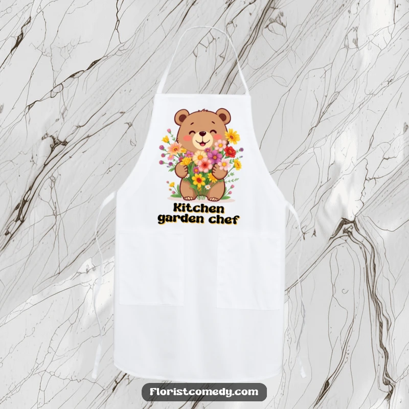 Funny bear apron designed for cooking, featuring a happy bear arranging a bouquet of vibrant wildflowers.