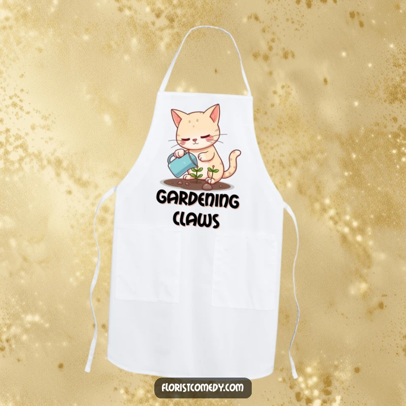 Funny determined cat watering a small plant, a humorous apron for gardening and kitchen tasks, great gift.