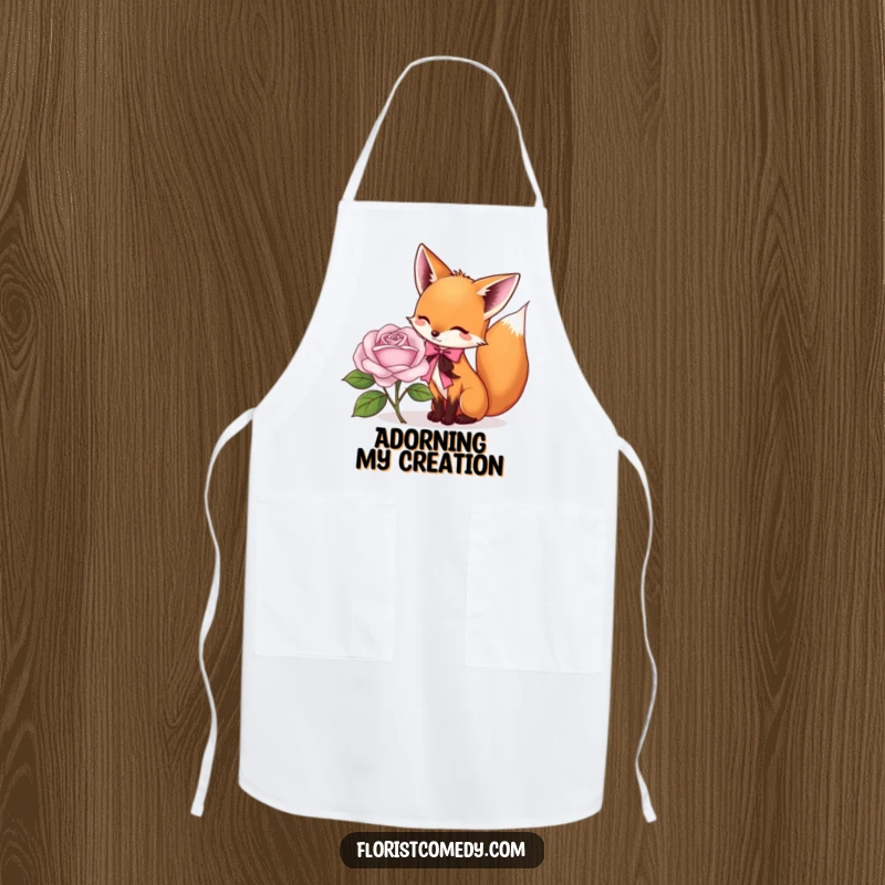 Funny fox apron of a playful fox tying a ribbon around a rose, ideal for a funny cook or gardener in the kitchen.