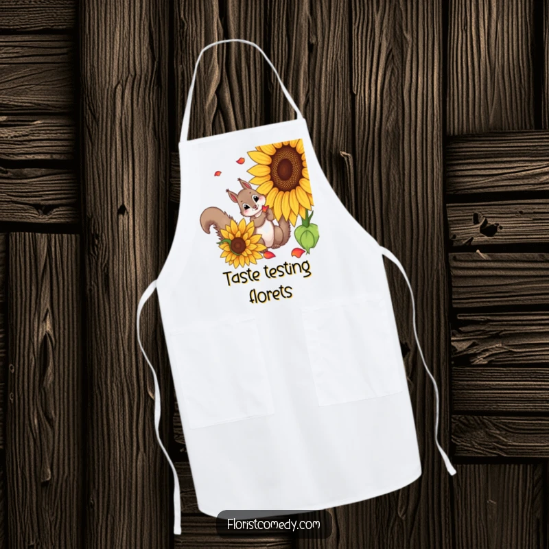 Funny squirrel apron of a curious squirrel picking petals from a sunflower, ideal for a funny cook or gardener in the kitchen.