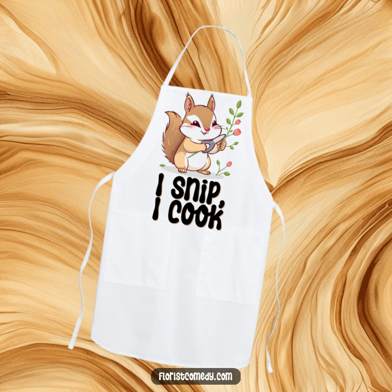 Funny apron showcasing a curious squirrel snipping plant stems with tiny shears, perfect for gardening or kitchen activities.