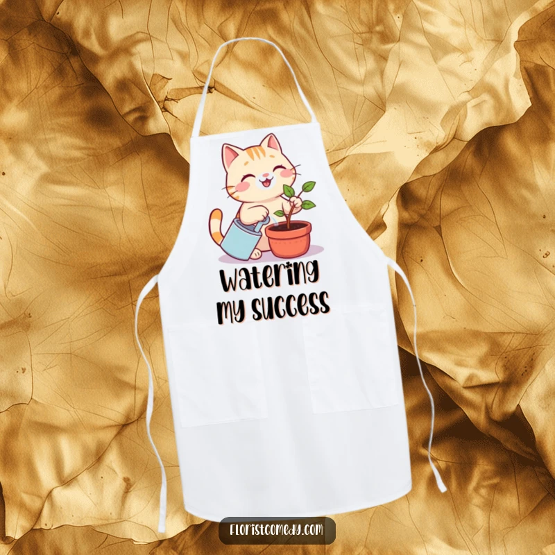Funny cat apron featuring a smiling cat watering a tiny plant, ideal for a funny cook or gardener in the kitchen.