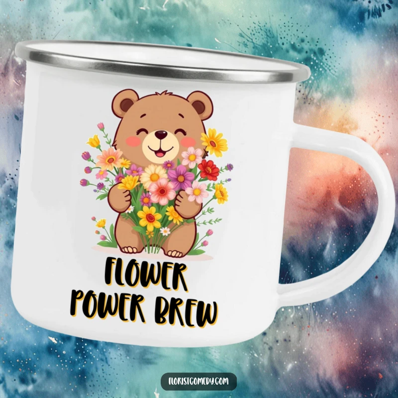 Funny bear camping mug showing a happy bear arranging a bouquet of wildflowers, perfect for outdoor drinks.