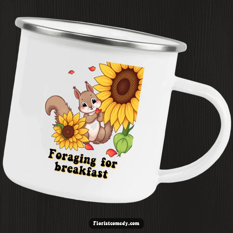 Funny squirrel camping mug showing a curious squirrel picking petals from a sunflower, a durable and humorous cup for outdoor enthusiasts.