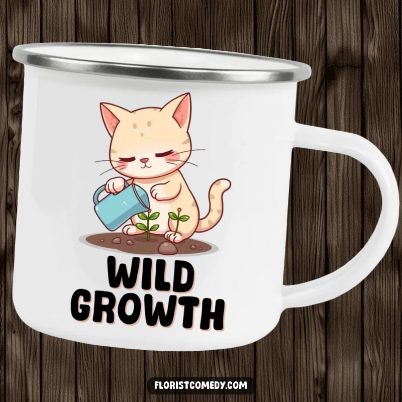 Funny cat watering a small plant, an enamel camping mug for outdoor dedication and humor, great gift.