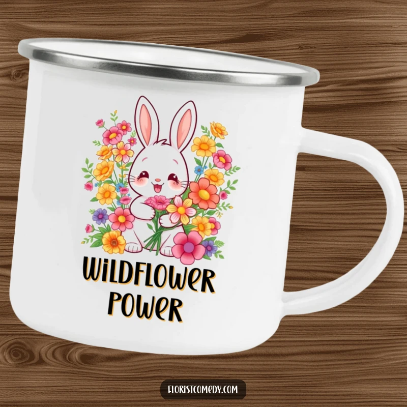 Funny camping mug featuring a happy rabbit artist arranging a vibrant bouquet, perfect for hot drinks during outdoor adventures.
