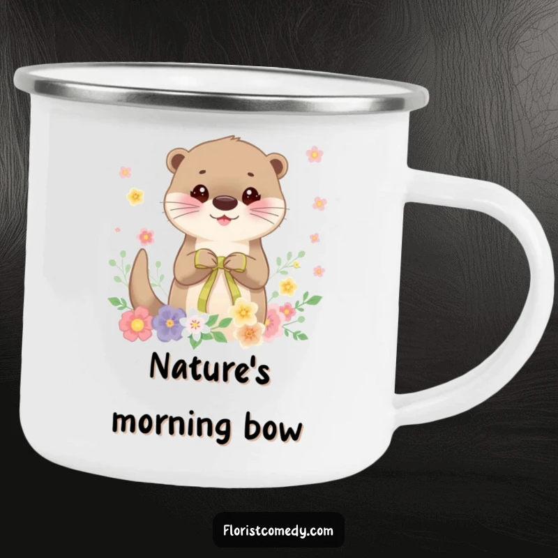 Funny otter camping mug, a cheerful otter character tying a ribbon on a floral arrangement, durable and portable for outdoor use.