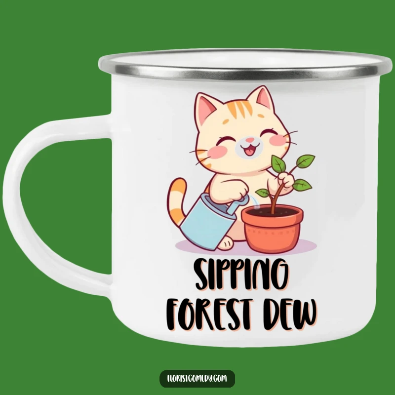 Funny Cat Gardener Camping Mug: Cheerful Kitty Watering Plant Enamel Cup, Rustic Funny Gift
