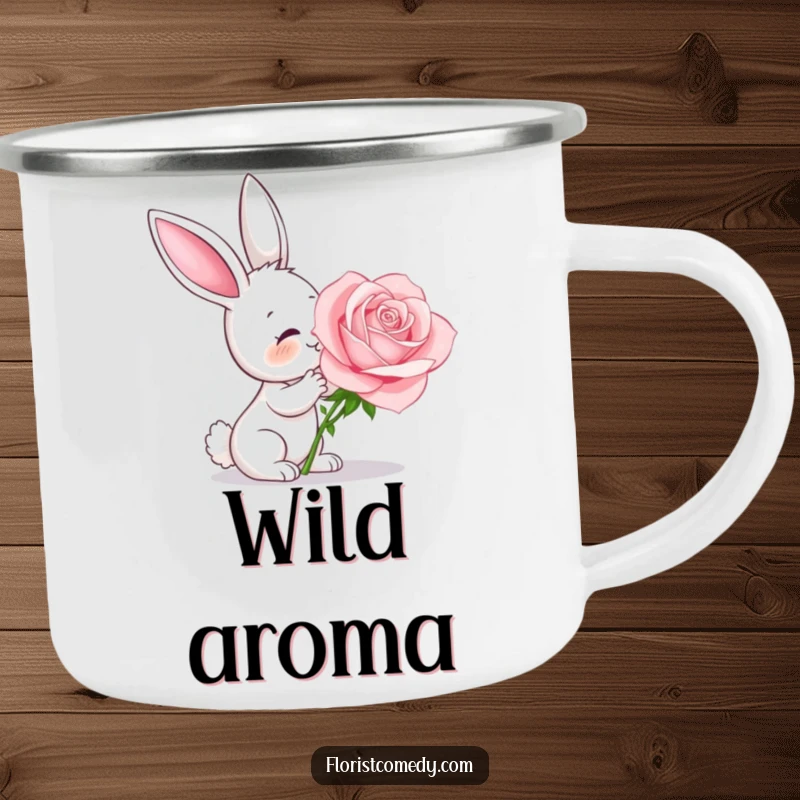 Funny bunny smelling a large rose, an enamel camping mug for outdoor delight and humor, great gift.