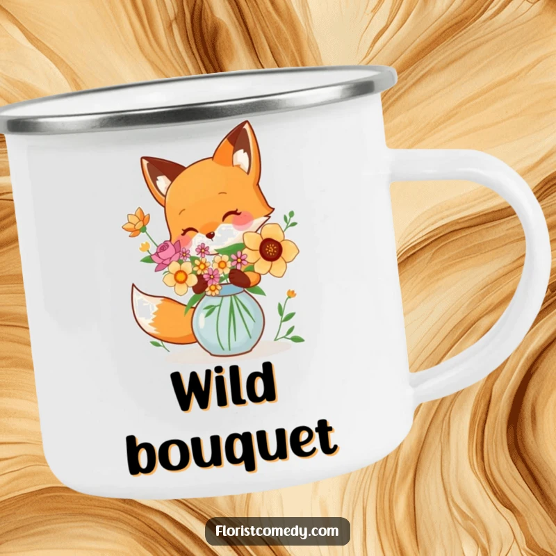 Funny fox arranging flowers in a vase, an enamel camping mug for artistic outdoor fun, great gift.