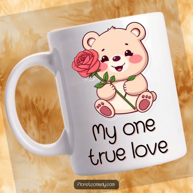 Funny mug with a happy, cuddly bear presenting a single, bright red rose with a sweet expression. Romantic and cute.