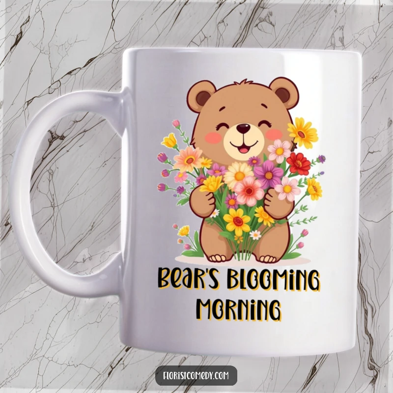Funny bear mug showing a happy bear enthusiastically arranging a beautiful bouquet of vibrant wildflowers with a cheerful expression.