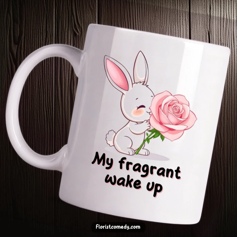 Funny curious bunny character delightedly smelling a large fragrant rose, perfect for gifting.