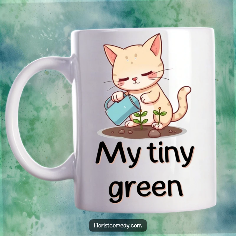 Funny determined cat character watering a tiny plant with a miniature watering can, dedicated gardener humor gift.