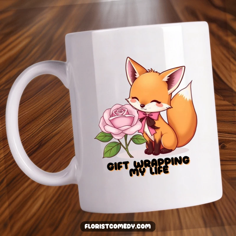 Funny fox mug showing a playful fox delicately tying a red ribbon around a blooming pink rose, a humorous scene of floral artistry.