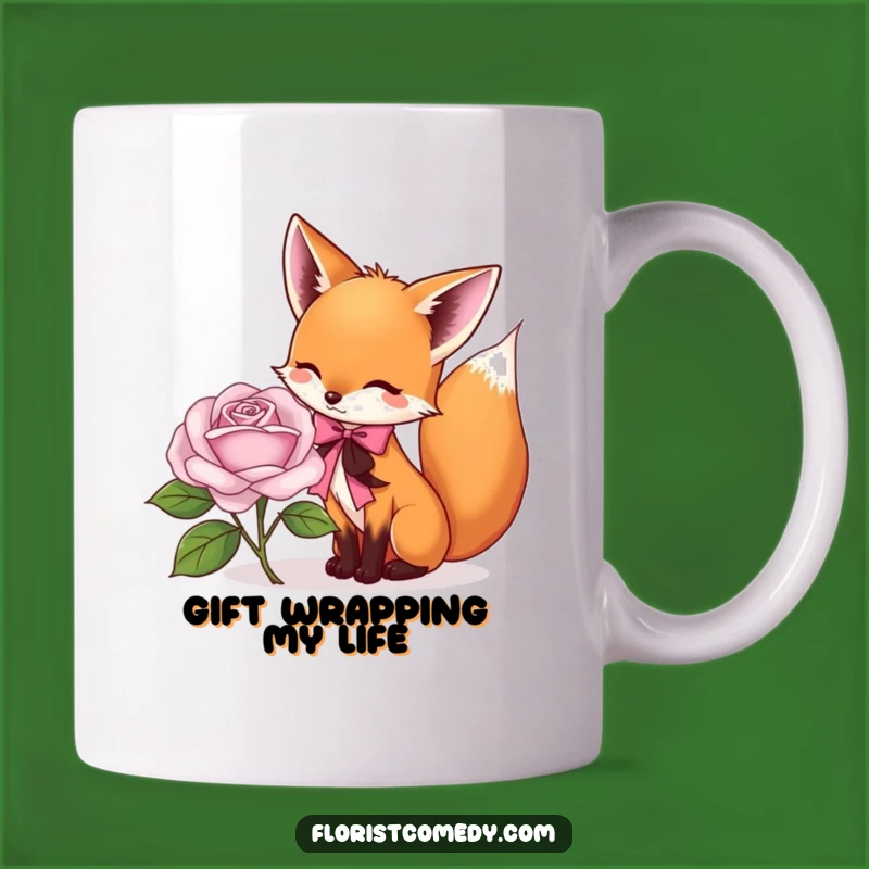 Funny Fox Florist Mug: Playful Fox Tying Ribbon on Rose, Perfect Funny Gift for Gardeners