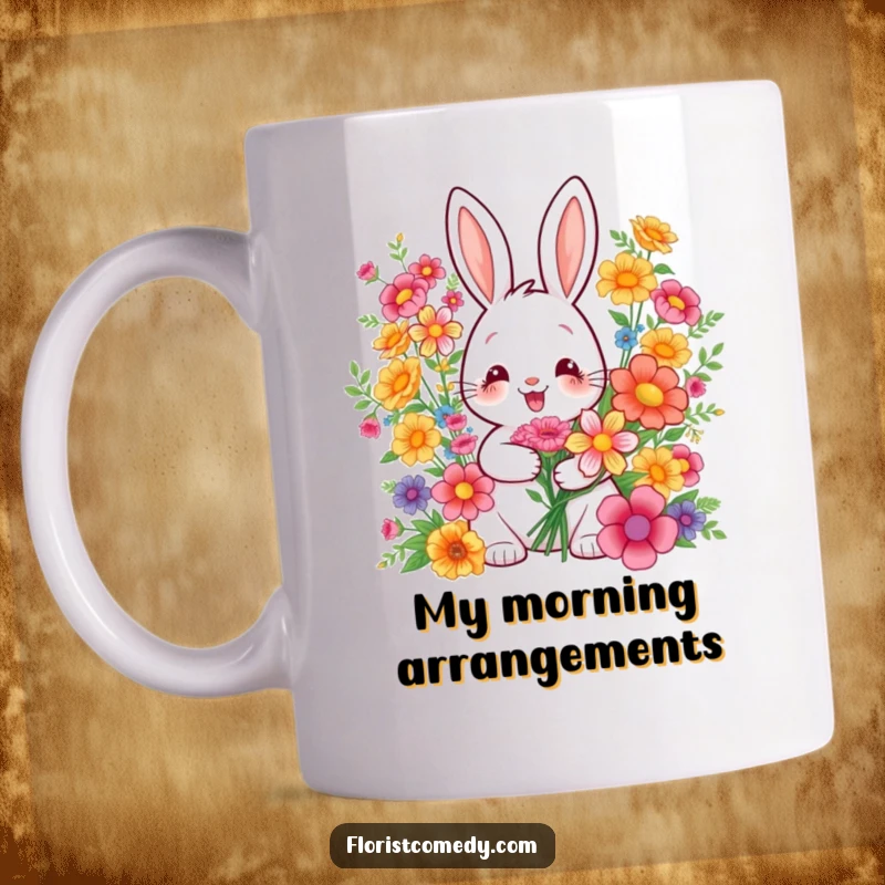 Funny mug with a cheerful rabbit artist meticulously arranging a colorful bouquet with a joyful smile, perfect for nature lovers.