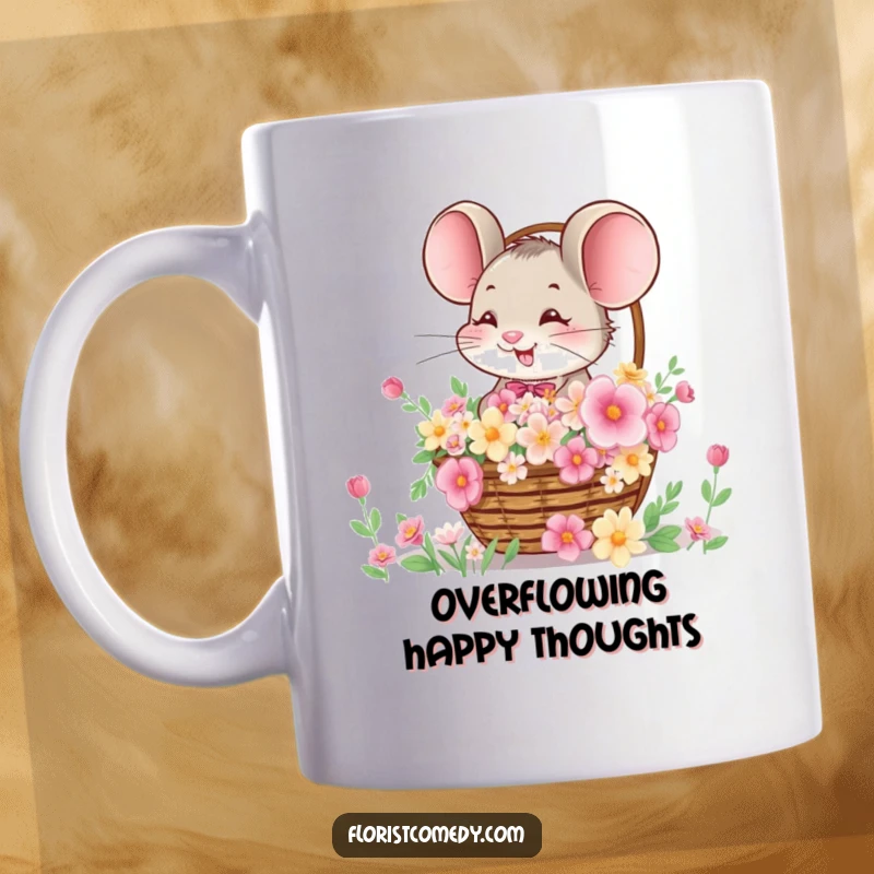 Funny mug featuring a giggling mouse joyfully offering a basket overflowing with colorful blooms, spreading cheer and happiness.