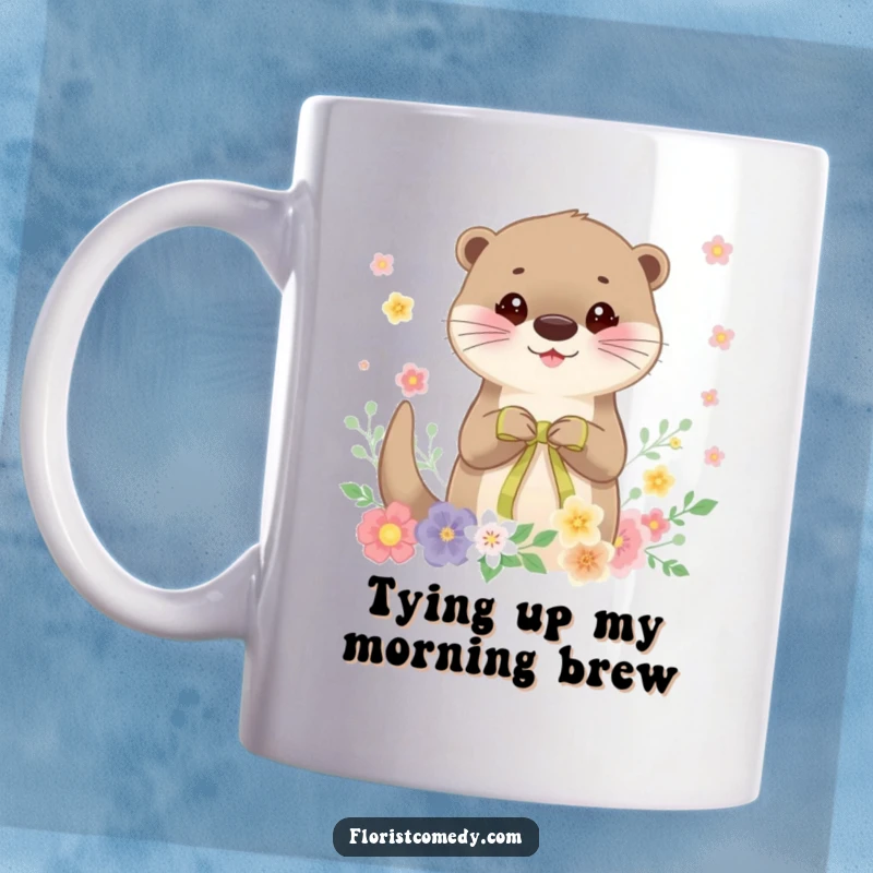 Funny otter florist mug, cheerfully tying a ribbon on a beautiful floral arrangement, showcasing intricate details and a happy personality.