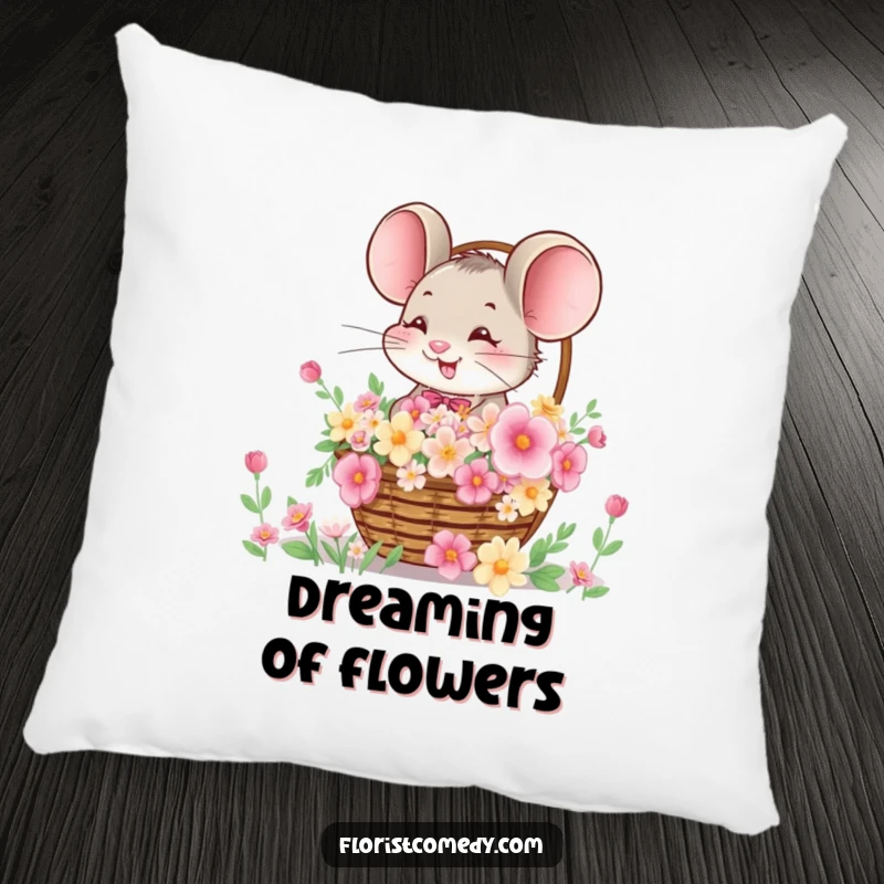 Funny pillow featuring a giggling mouse offering a basket full of blooms, adding comfort and a playful touch to any seating.
