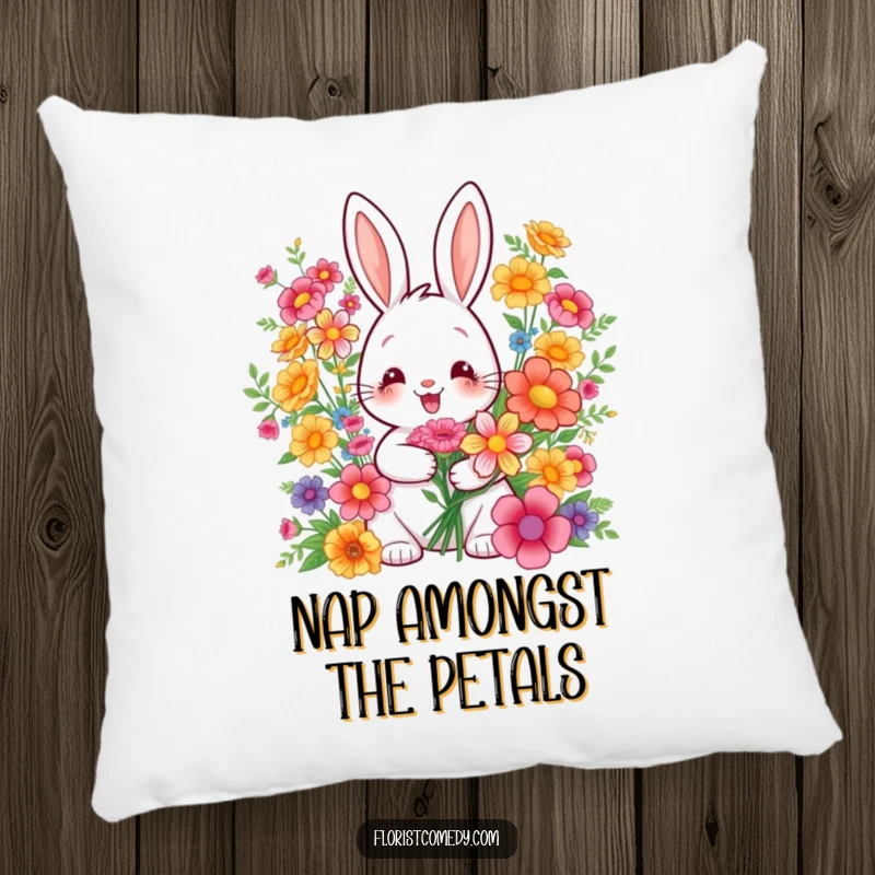 Funny pillow featuring a smiling rabbit artist busy creating a lush bouquet, adding comfort and cute decoration to any seat.