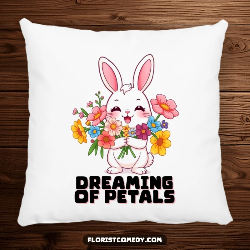 Funny rabbit character holding a bouquet of flowers, a soft and humorous pillow for cozying up with cheer, perfect gift.