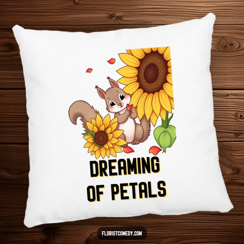Funny squirrel pillow featuring a curious squirrel picking petals from a sunflower, perfect for adding funny nature charm to any room.