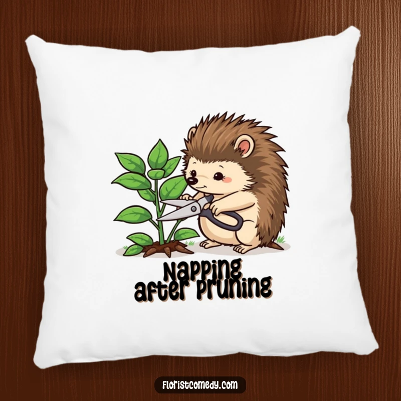 Funny hedgehog pillow featuring a determined hedgehog trimming a leafy plant, perfect for adding funny gardening charm to any room.
