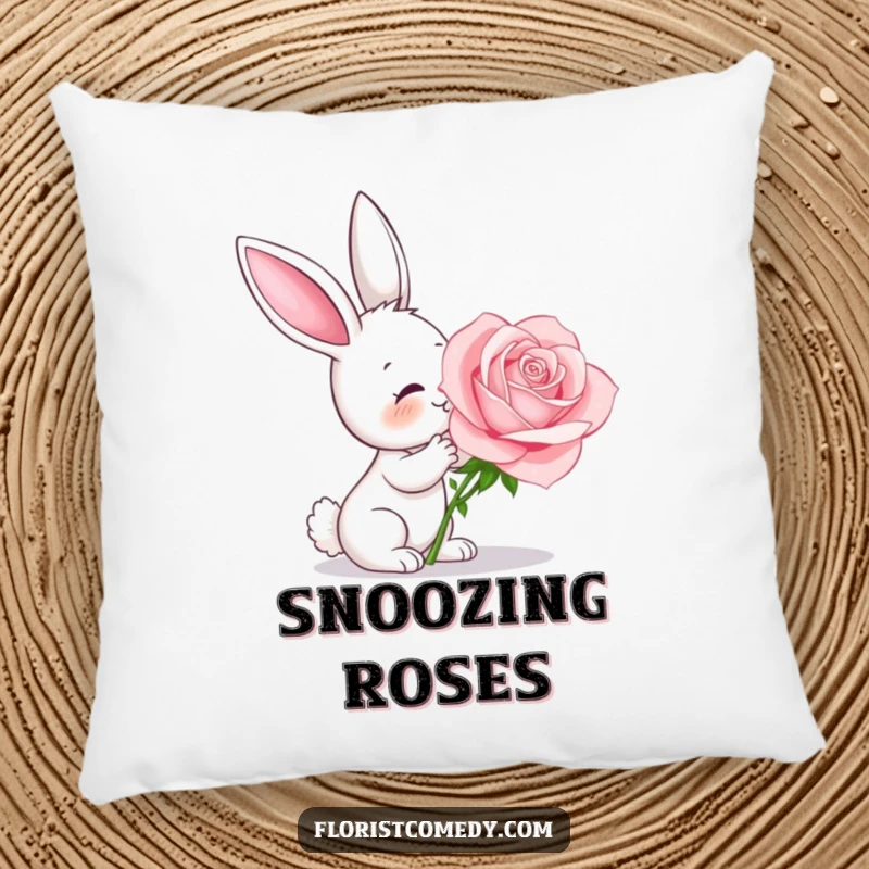 Funny bunny smelling a large rose, a soft and humorous pillow for cozying up with delight, perfect gift.