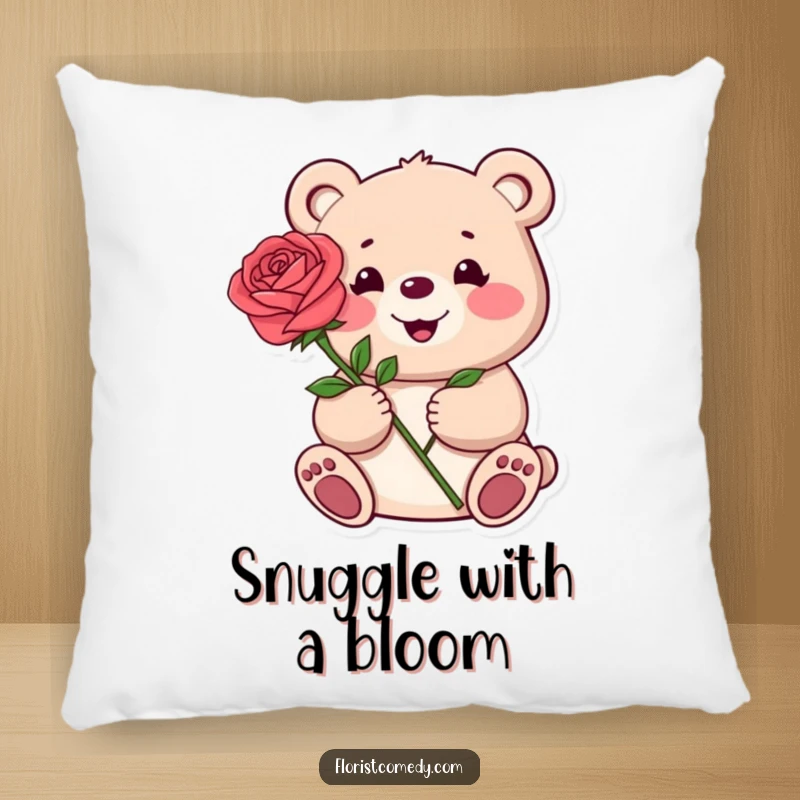 Funny pillow featuring a sweet bear offering a single red rose, perfect for adding comfort and adorable charm to any room.