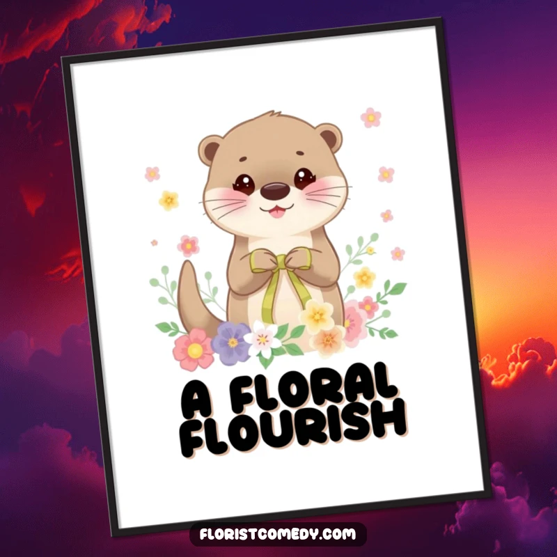 Funny otter digital art print, a cheerful otter character tying a ribbon on a floral arrangement, high-resolution and instantly downloadable.