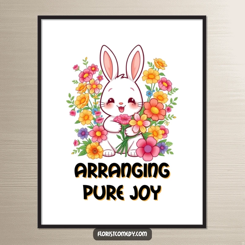 Funny digital art print of a cheerful rabbit artist arranging a colorful bouquet, ready for instant download and display.
