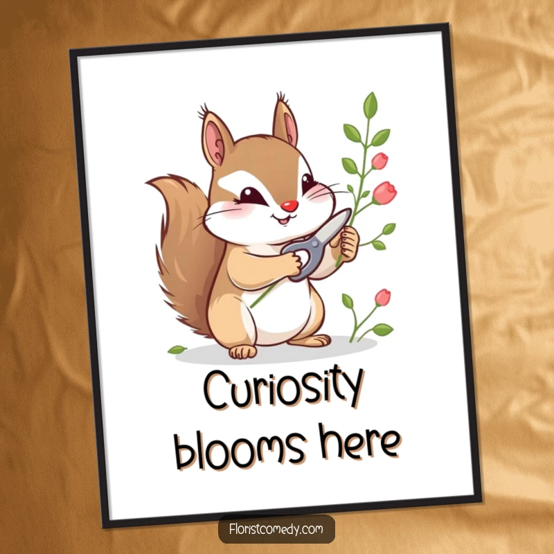 Funny digital art print of a curious squirrel with tiny shears, snipping stems, perfect for instant download and whimsical decor.