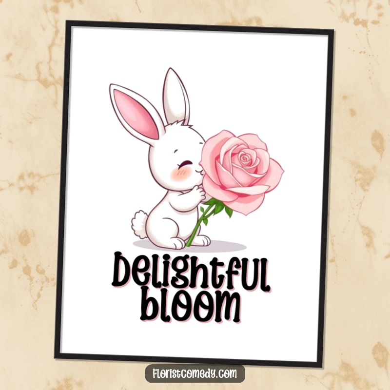 Funny curious bunny smelling a large fragrant rose, a whimsical digital art print for joyful decor, great gift.