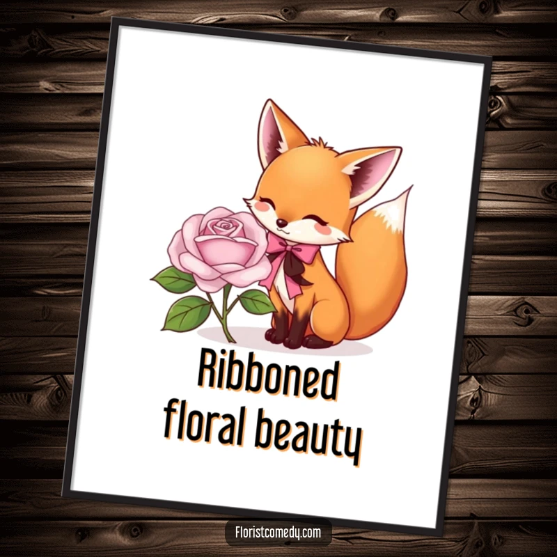 Funny fox digital art of a playful fox tying a ribbon around a rose, perfect for printable wall art and charming decor.