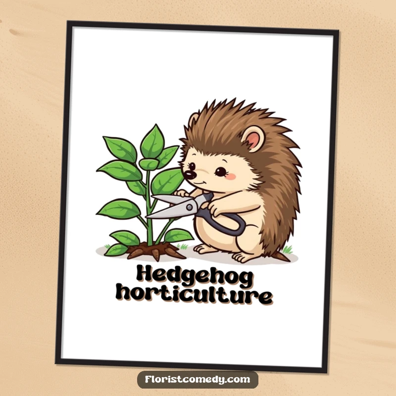 Funny hedgehog digital art of a determined hedgehog trimming a plant with shears, perfect for printable wall art and funny decor.