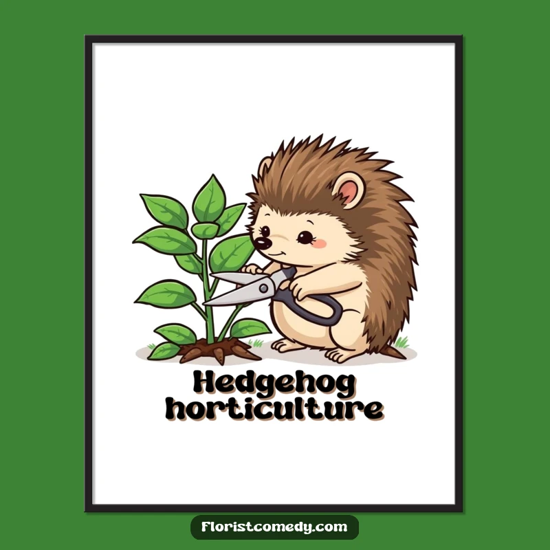 Funny Hedgehog Gardener Digital Art: Determined Hedgehog Trimming Plant Printable, Instant Funny Gift