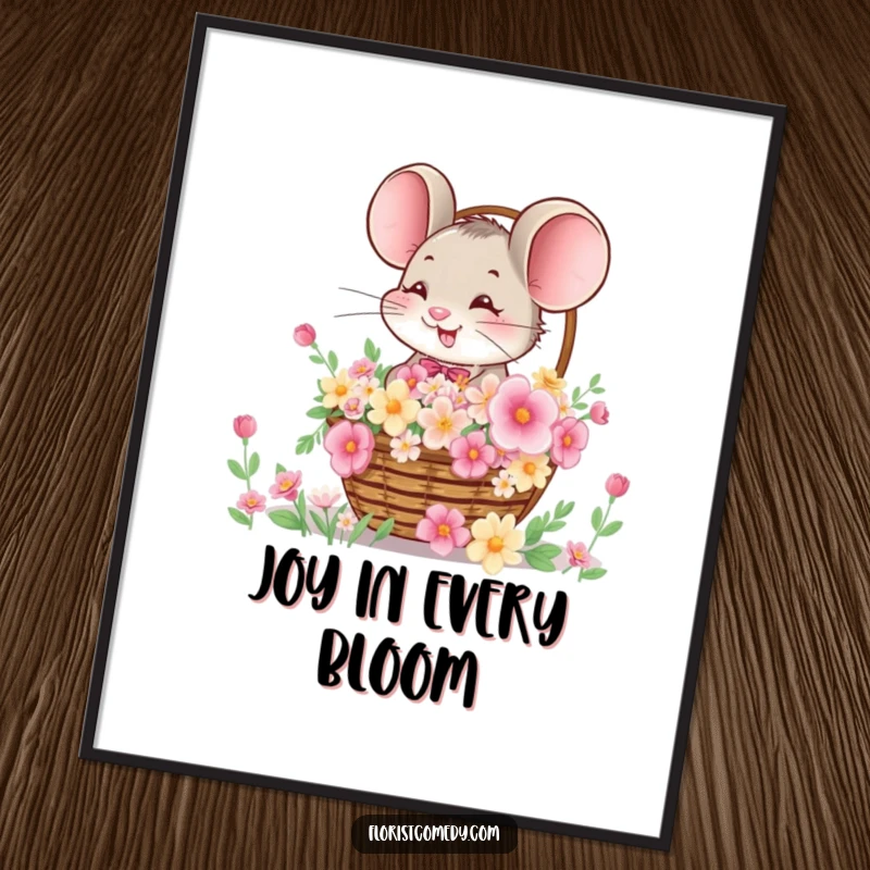 Funny digital art print of a giggling mouse offering a basket overflowing with colorful blooms, perfect for instant download.