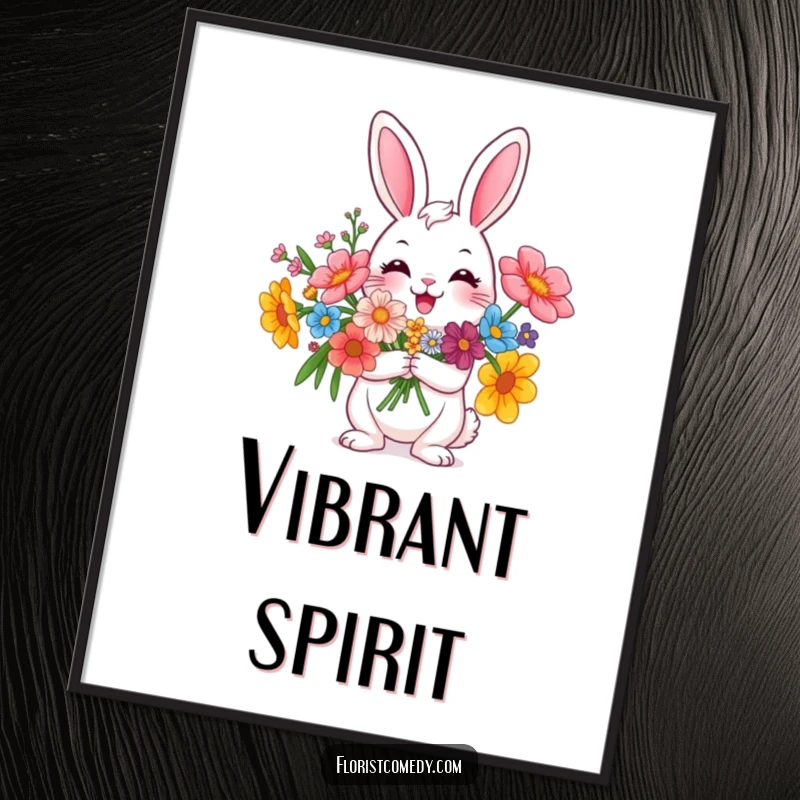 Funny happy rabbit character holding a flower bouquet, a vibrant digital art print for instant cheerful decor, great gift.