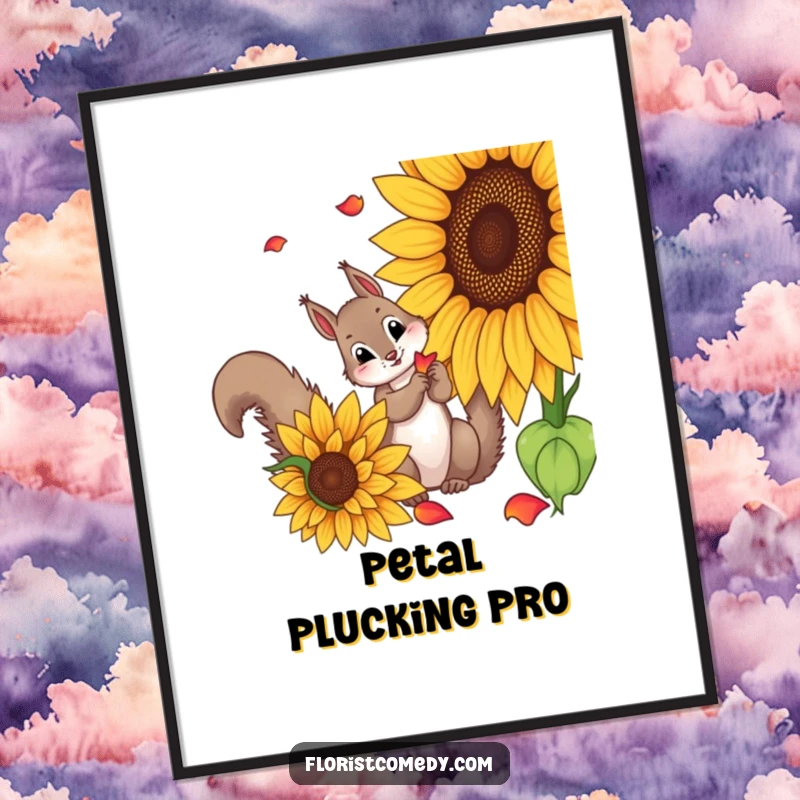 Funny squirrel digital art of a curious squirrel picking petals from a sunflower, perfect for printable wall art and charming decor.