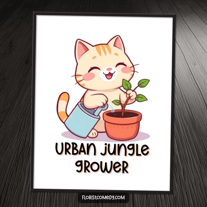 Funny cat digital art of a smiling cat watering a tiny plant sapling, perfect for printable wall art and funny home decor.