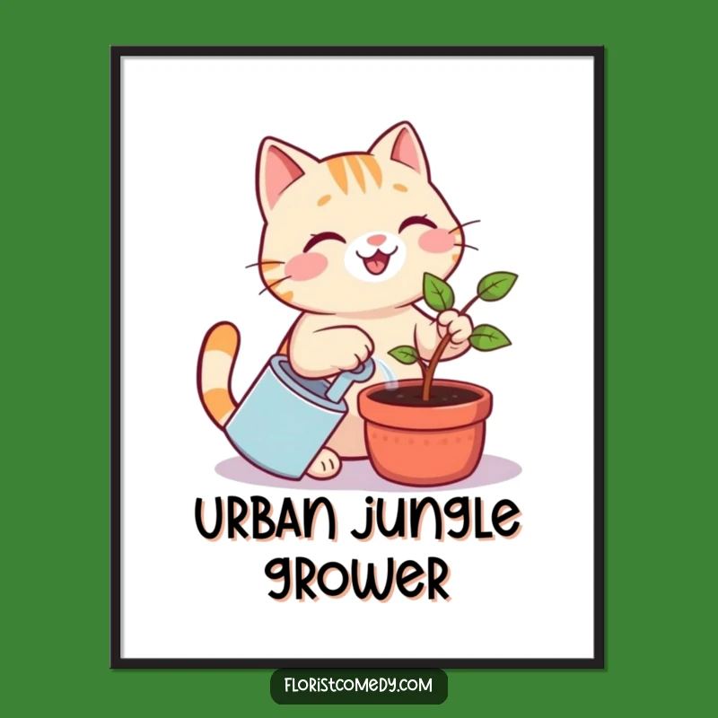 Funny Cat Gardener Digital Art: Cheerful Kitty Watering Plant Printable, Instant Funny Gift for Decor