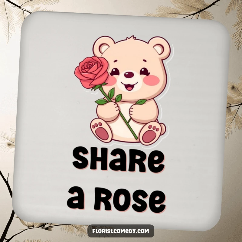 Funny drink coaster featuring a happy bear presenting a single vibrant rose, adding a sweet and protective touch to tabletops.