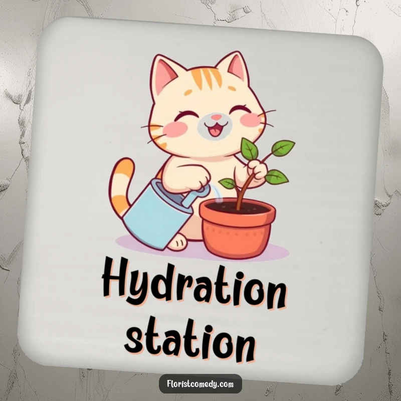 Funny cat coaster featuring a smiling cat watering a small plant, a humorous and protective accessory for tables.