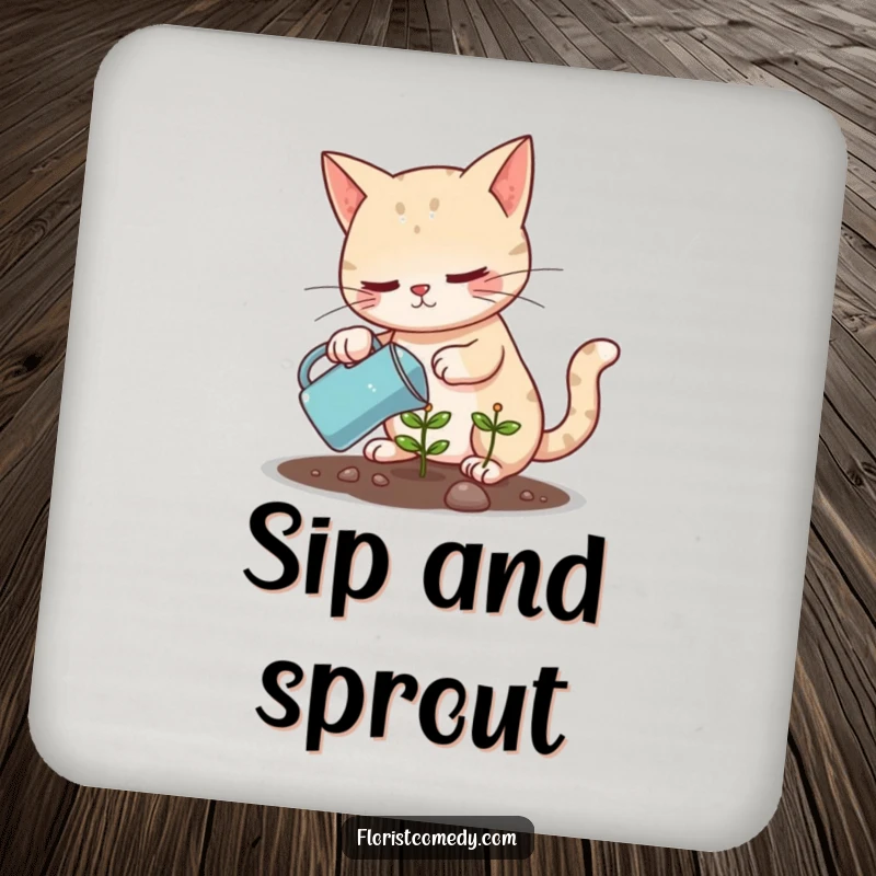 Funny determined cat watering a tiny plant, a humorous drink coaster for tabletops, showing dedication, nice gift.