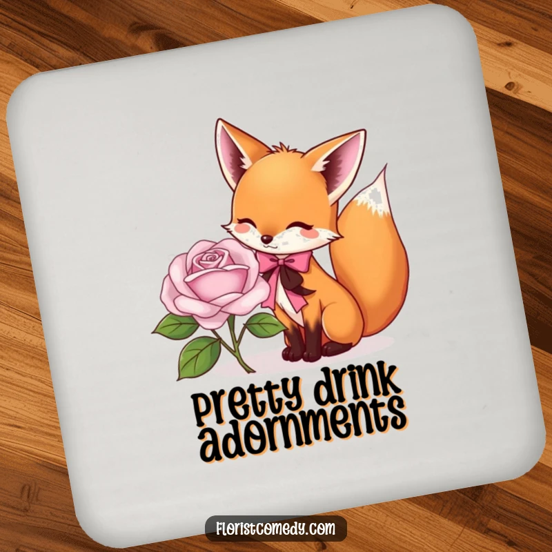 Funny fox coaster featuring a playful fox tying a ribbon around a rose, a humorous and decorative accessory for tables.