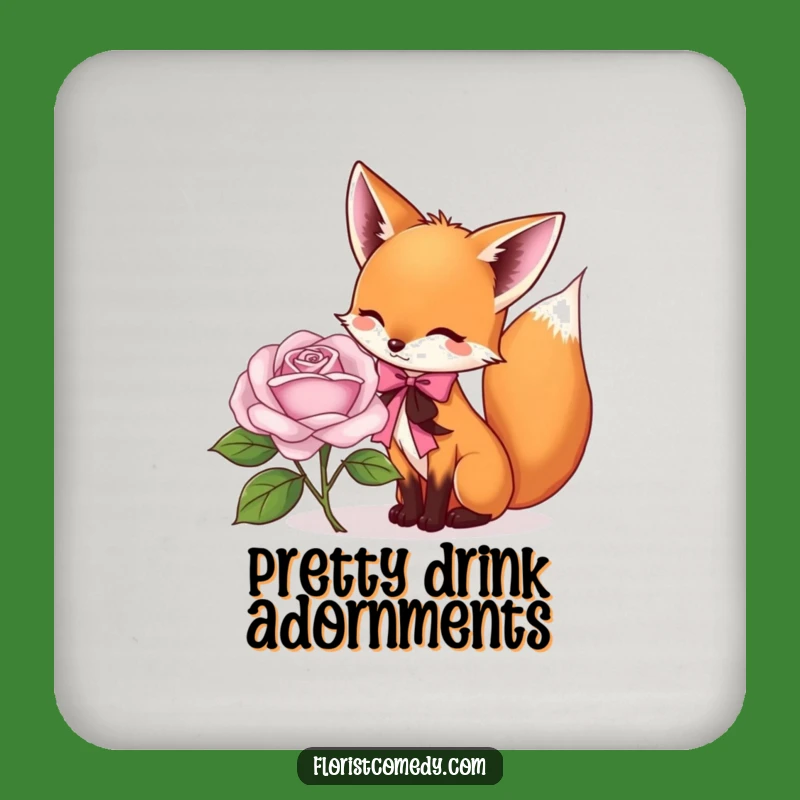 Funny Fox Florist Drink Coaster: Playful Fox Tying Ribbon on Rose, Decorative Funny Gift