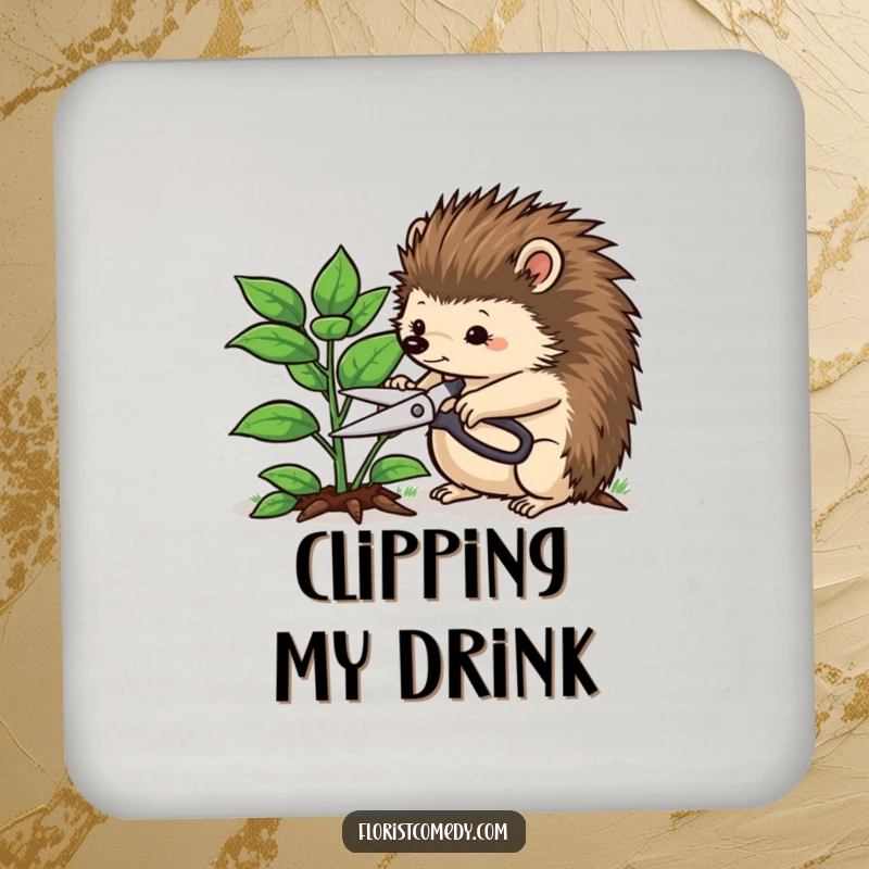 Funny hedgehog coaster featuring a determined hedgehog trimming a plant with shears, a humorous and decorative accessory for tables.